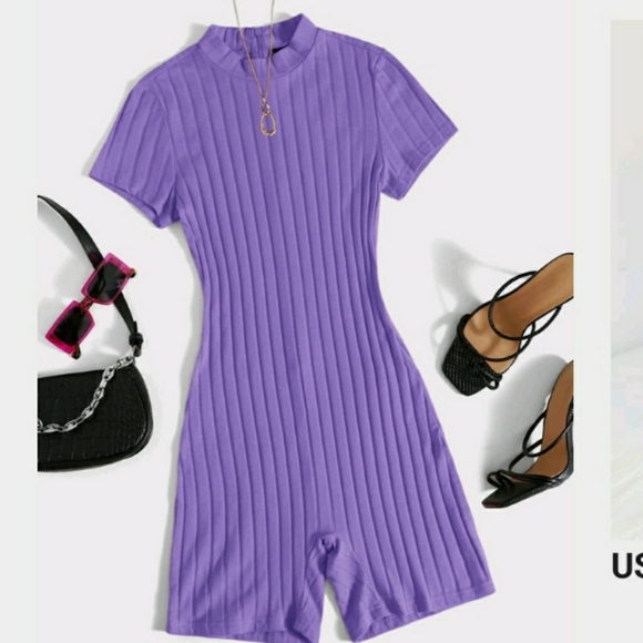 Mock Neck Rib-knit Unitard Romper - Violet Purple
